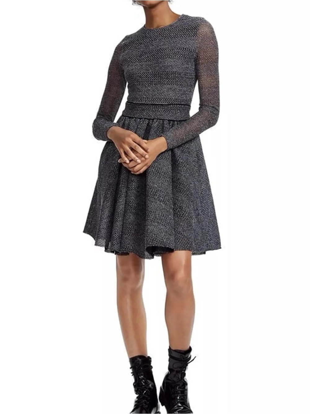 Maje Royale Gris Metallic Ribbed Skater Dress Size 2